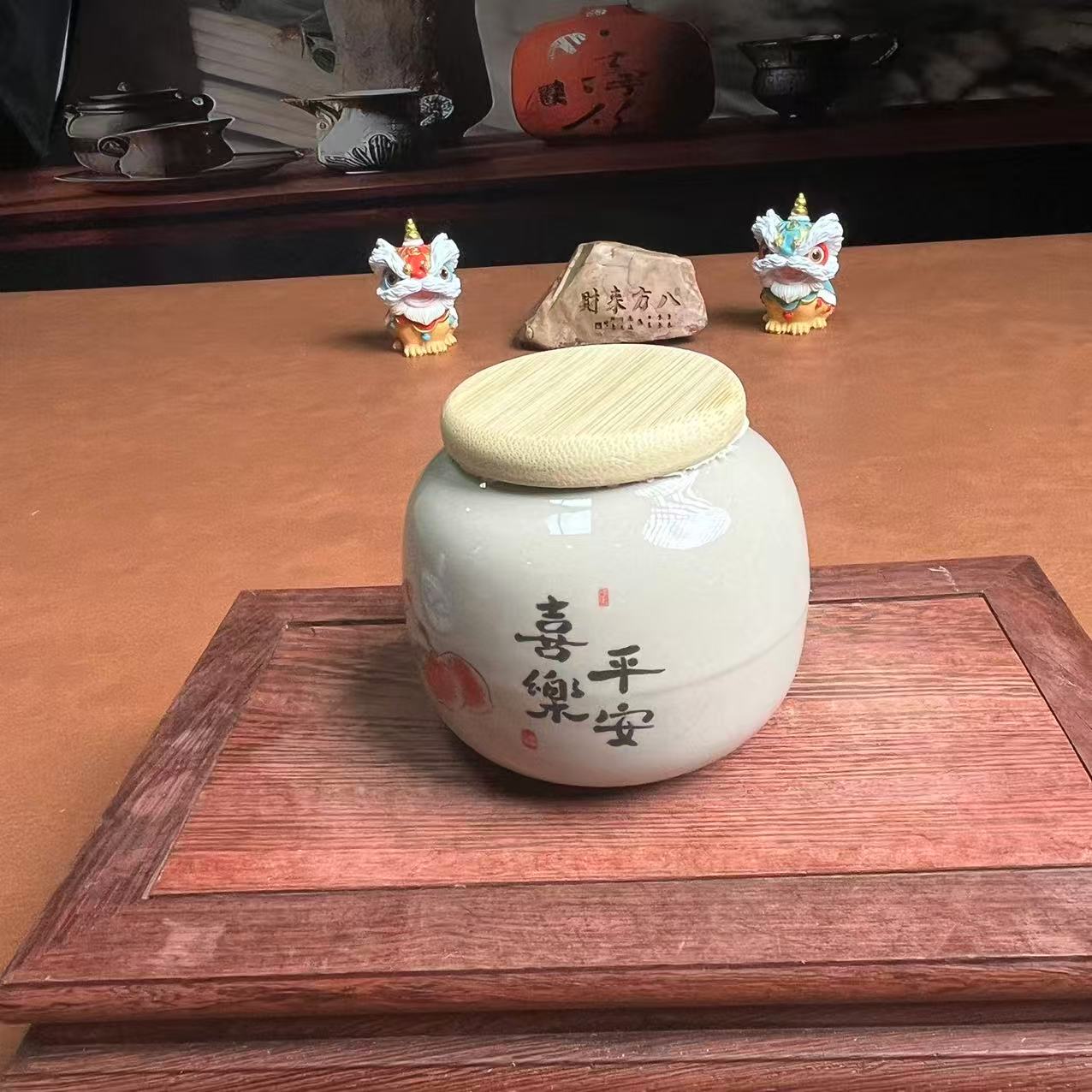 草木灰-竹盖茶叶罐【平安喜乐】-5490