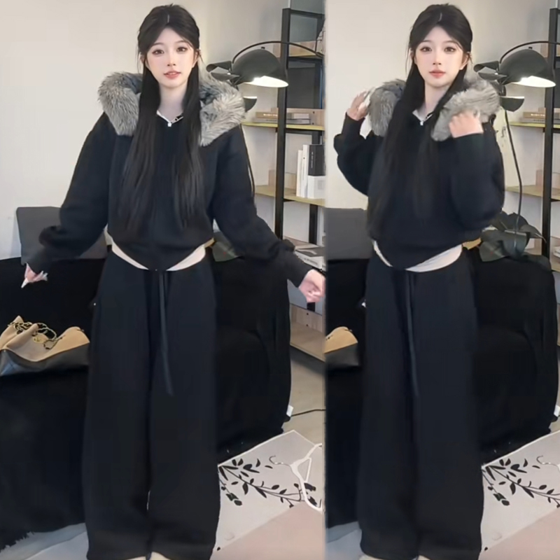 圣诞红加绒加厚休闲套装女2025冬季新款洋气毛领外套直筒裤两件套