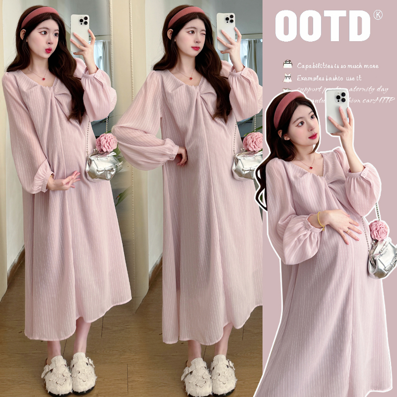 孕妇春装连衣裙2025新款时尚法式宽松孕妈中式套装照纱纱裙外穿
