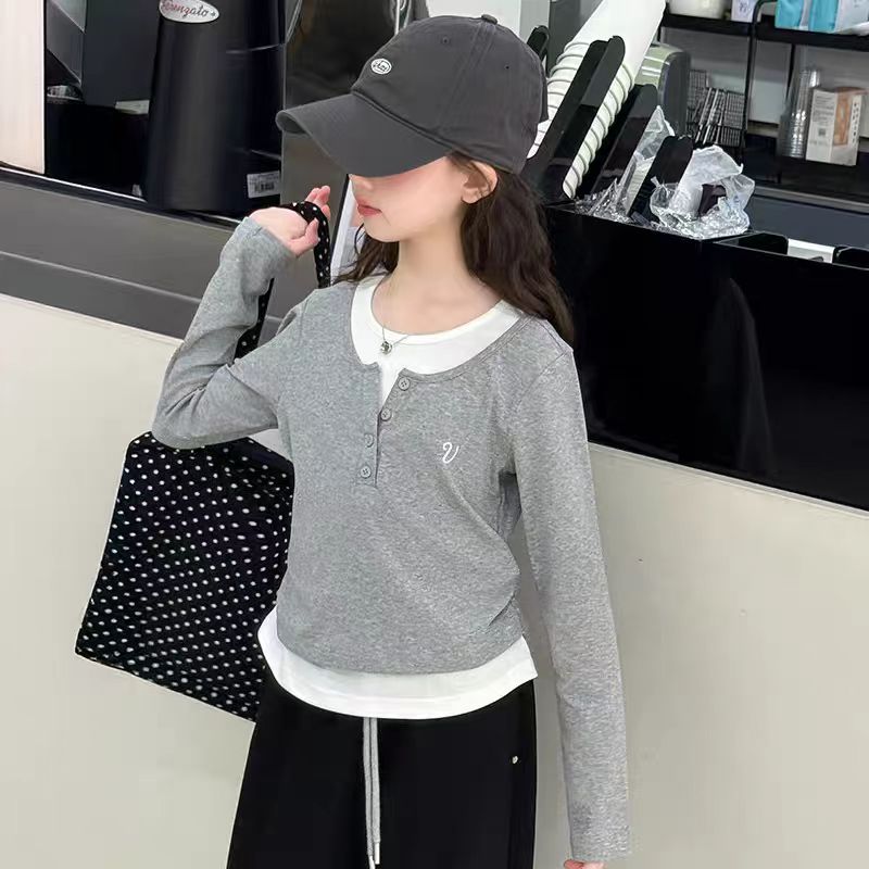 长袖t恤女童秋装2025新款大童假两件上衣儿童早秋洋气修身打底衫