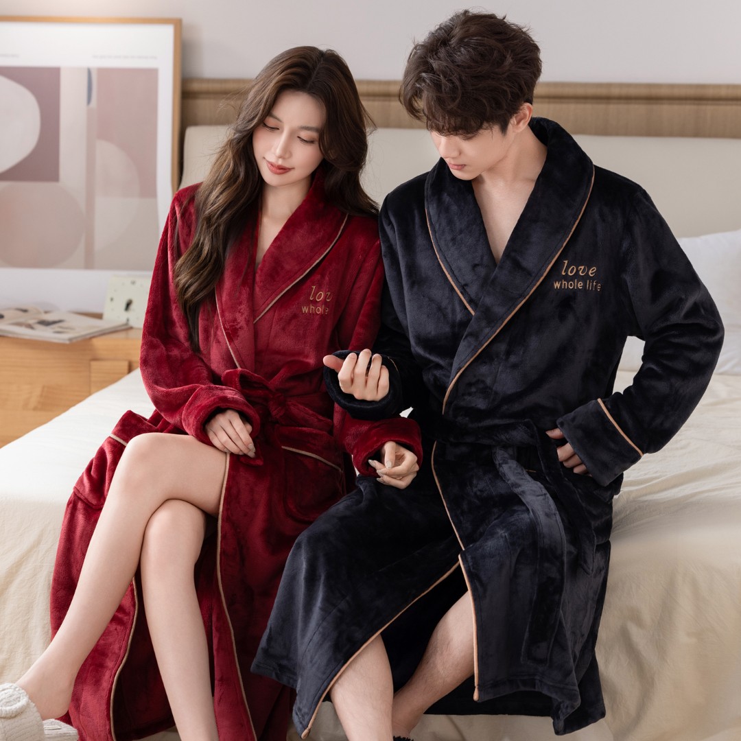 睡袍男秋冬季法兰绒情侣睡衣加厚加绒珊瑚绒浴袍女长款家居服晨袍