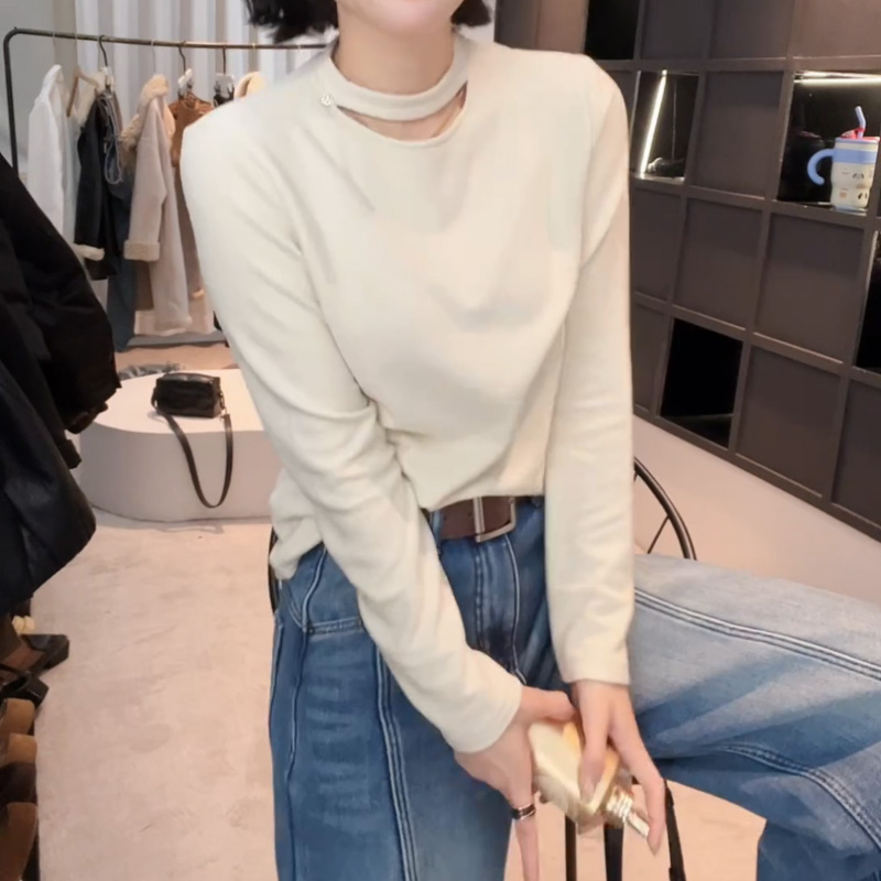 秋冬新款女款德绒保暖磨毛圆领设计感时尚百搭长袖T恤打底衫上衣