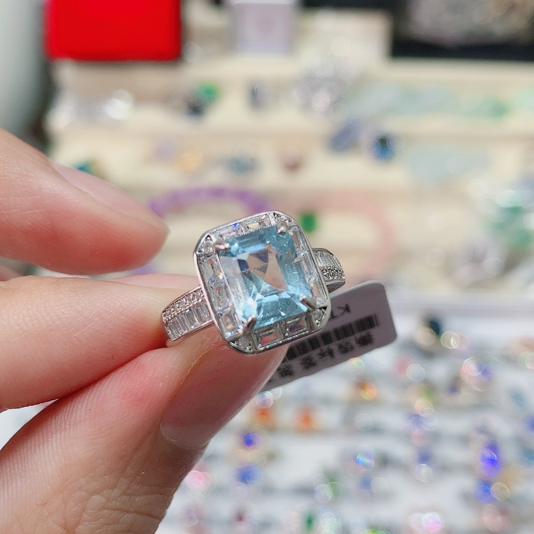 海蓝宝石戒指银S925镶嵌