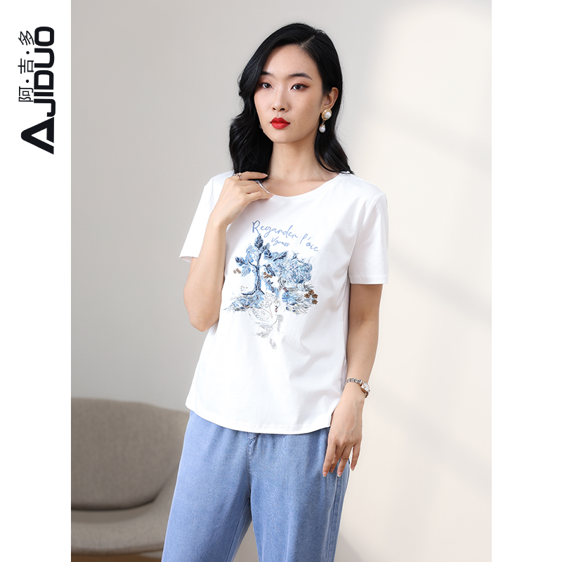 阿吉多白色t恤女新款夏季高级精致绣花圆领体恤亮片短袖上衣