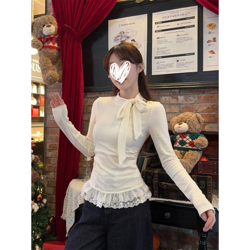 艺等韩系白色蝴蝶结绑带长袖t恤女秋冬季轻熟风气质百搭针织上衣
