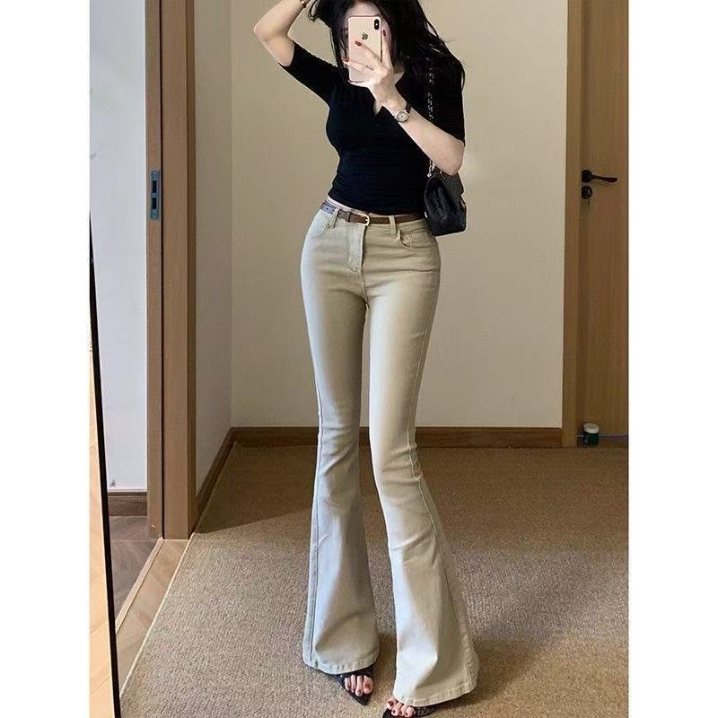 老钱风复古卡其色简约微喇牛仔裤女2025早秋新款高腰弹力显瘦长裤