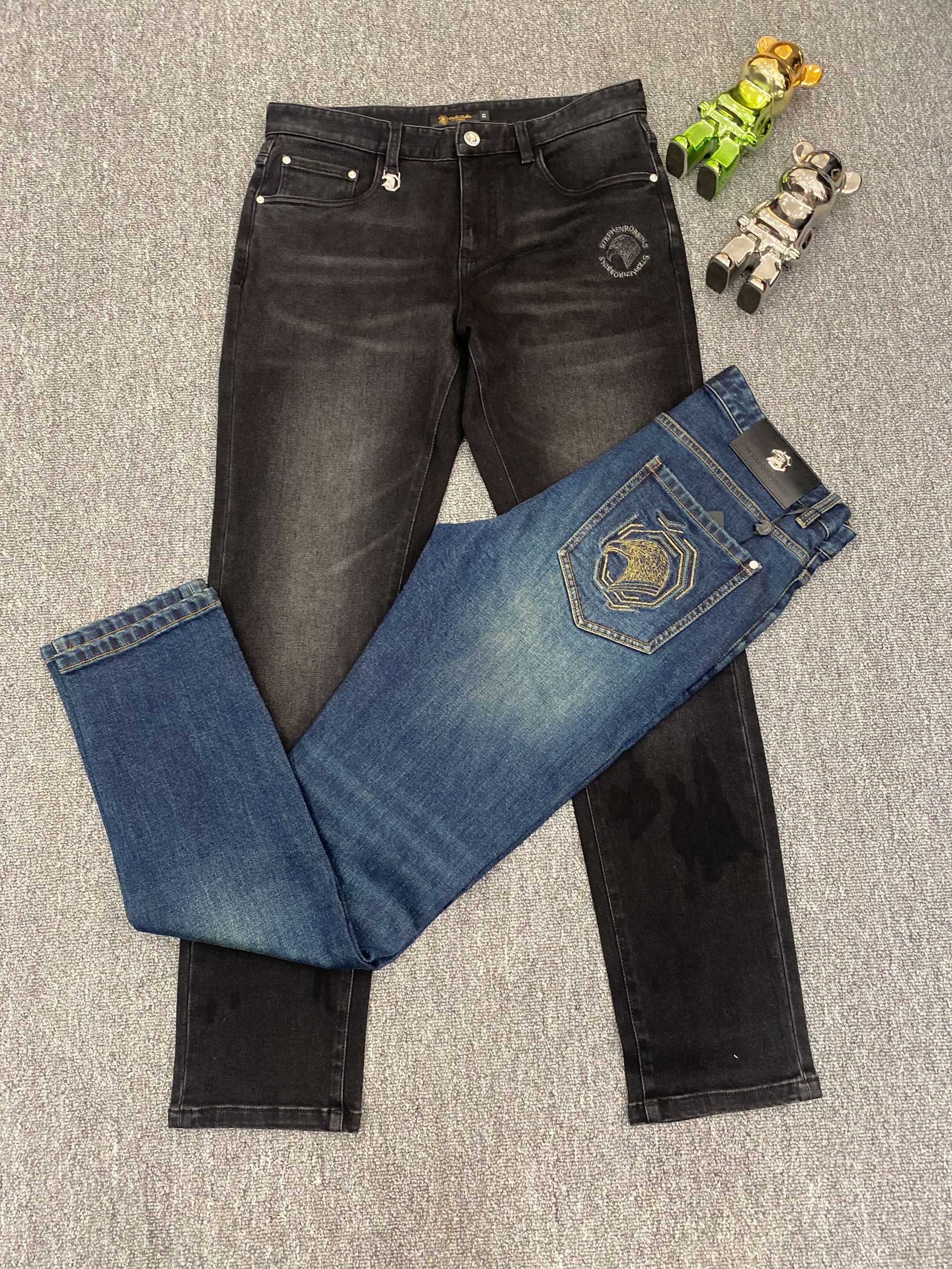 【欧洲名店】Stephen robbins 鹰标刺绣男士双色牛仔裤2136