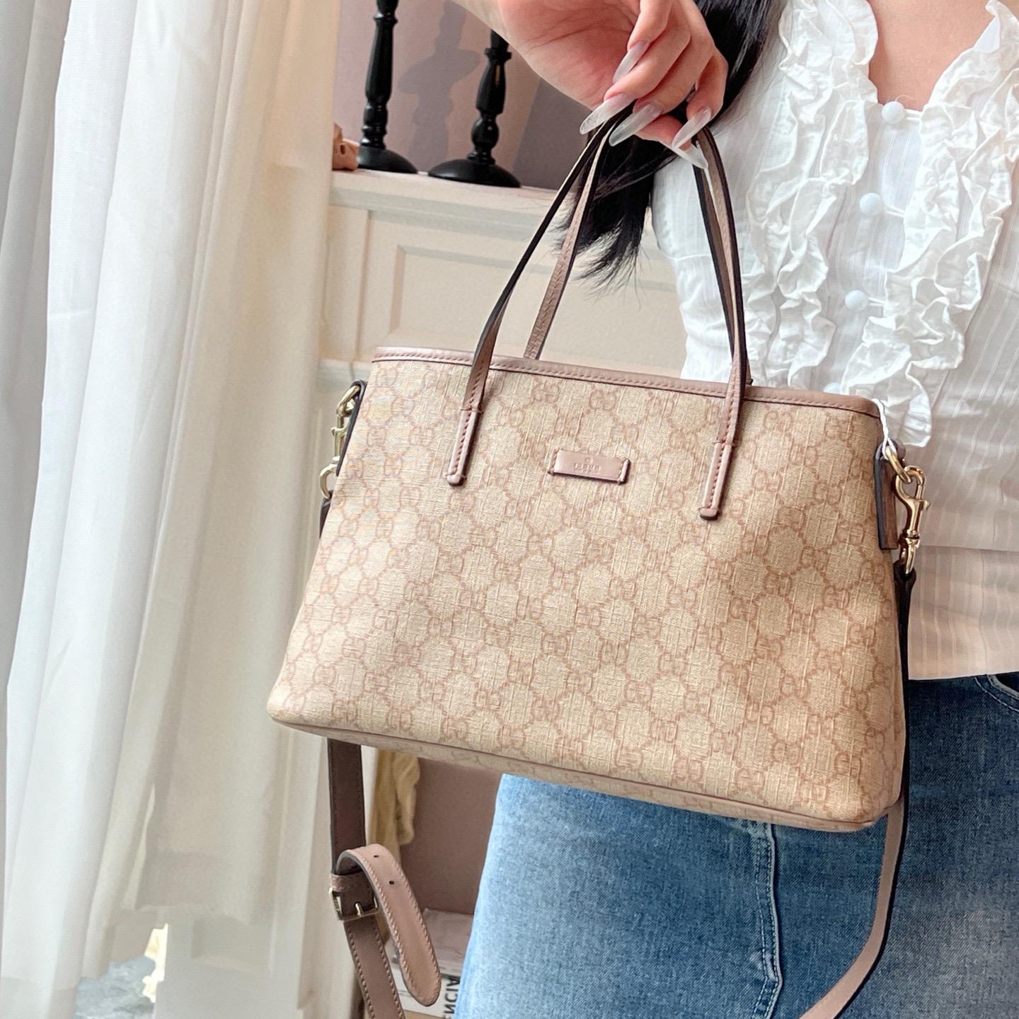 95新 GUCCI/古驰  gucci裸粉拼色单肩斜挎包