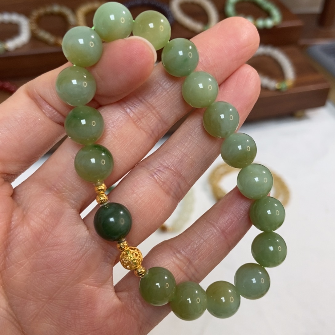 和田玉18K金镶嵌手链10mm冰底黑阳洞碧玉精品三色