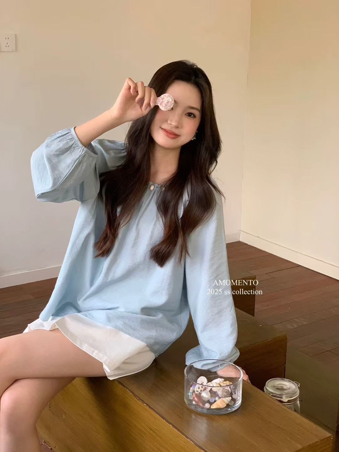 4803号#9321#百搭韩系串珠抽绳领口设计感长袖上衣D1-32