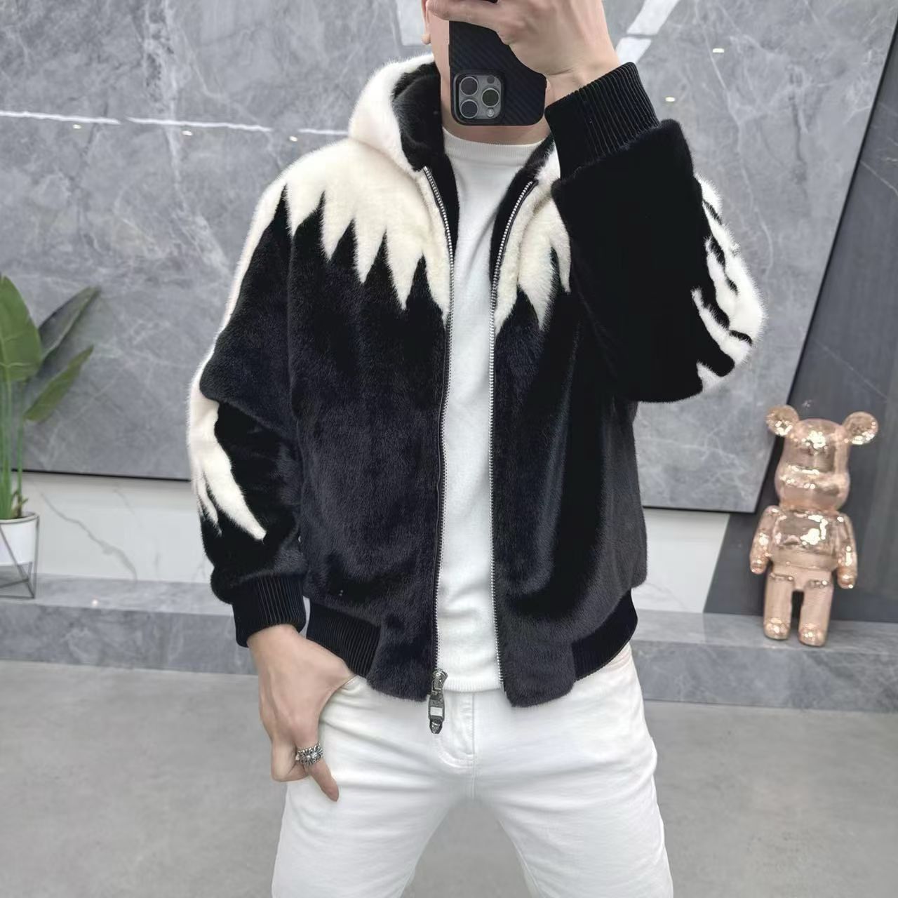 冬季新款男士轻奢高品质刺绣连帽金丝绒加厚保暖潮流修身夹克外套