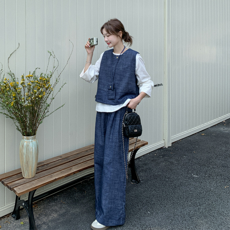 复古百搭套装裤女2025早春新款韩系穿搭牛仔背心衬衫阔腿裤三件套