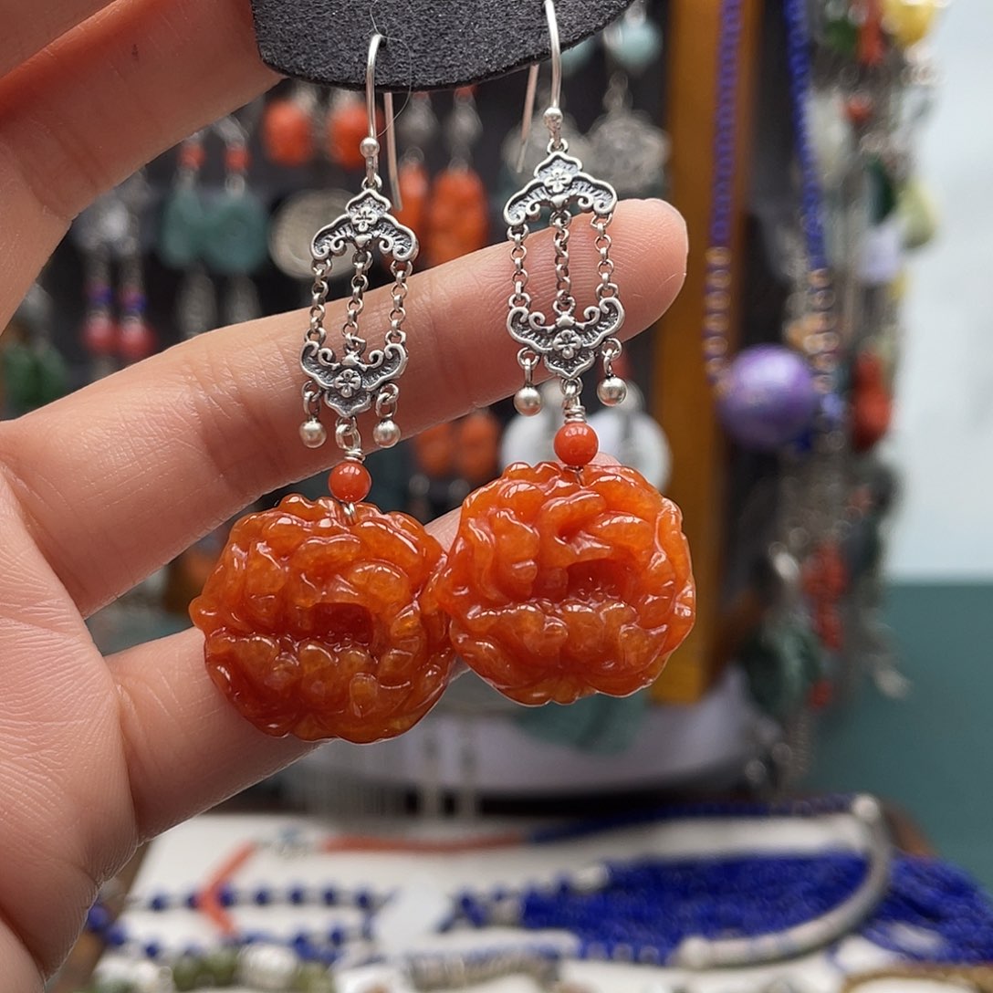 翡翠耳饰银S925镶嵌饰品