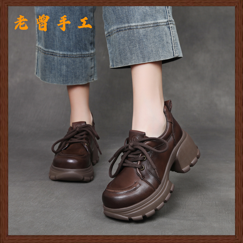 老曾手工头层牛皮高跟粗跟圆头乐福鞋女2025秋季新款休闲百搭单鞋