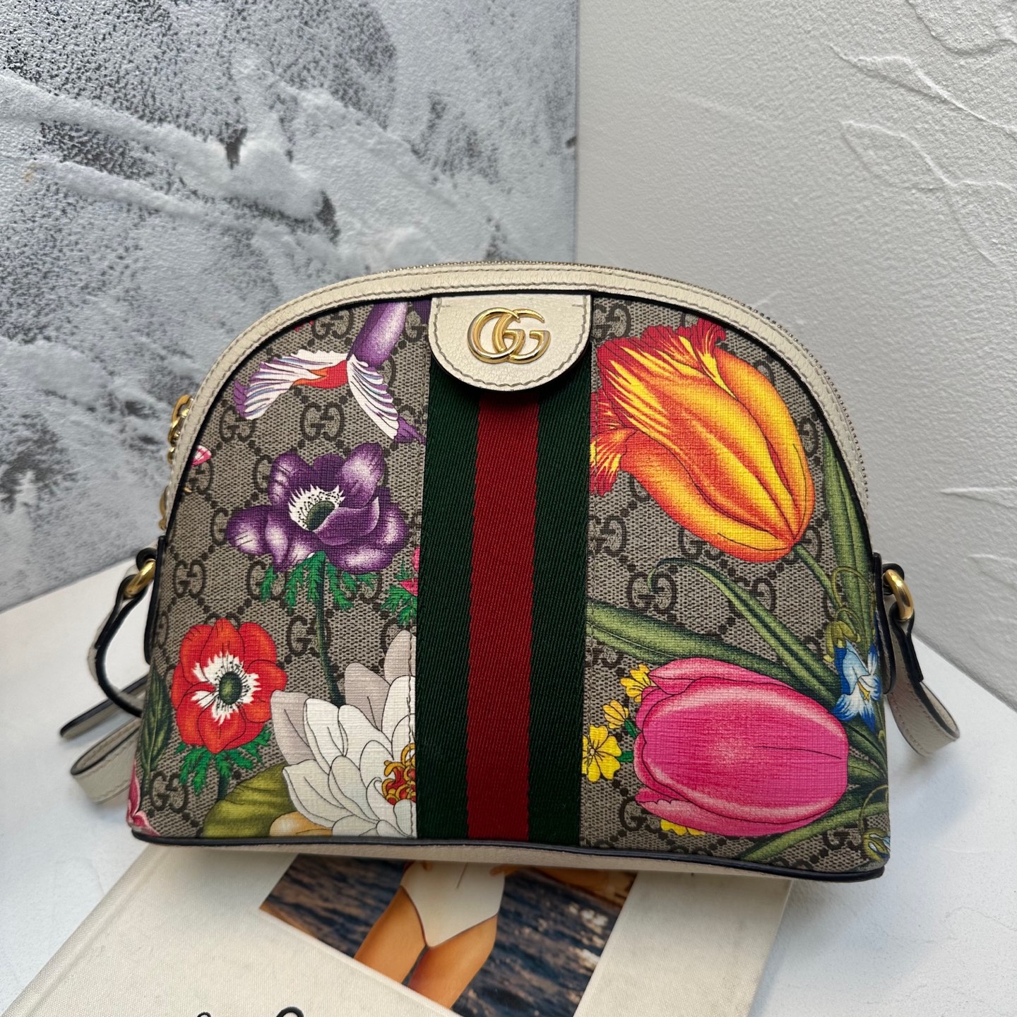 99新 GUCCI/古驰  女士高档Flora花卉贝壳包白边清新单肩二奢包包