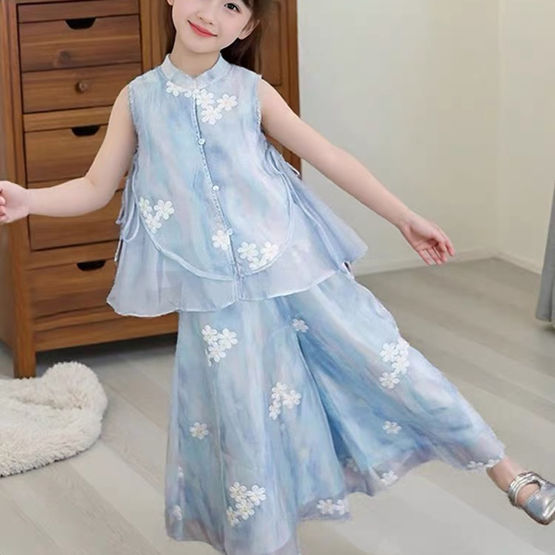 女童套装夏季新薄款新中式中大童休闲短袖裙子两件套装