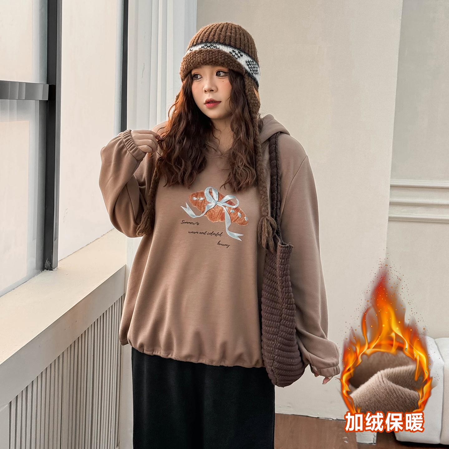 DD8652大码女装【松弛软糯卫衣】胖mm连帽卡通面包印花宽松加绒上衣