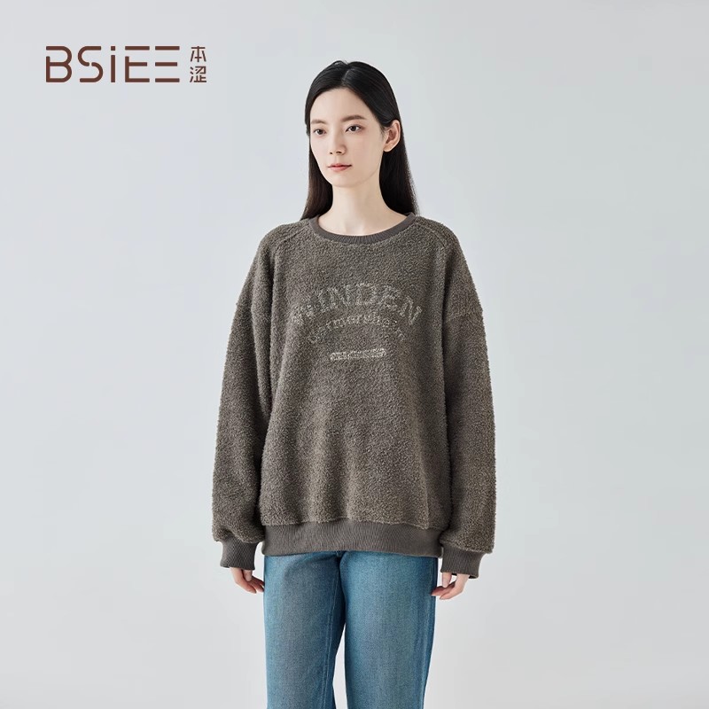 BSiEE本涩毛感字母印花卫衣秋冬新品设计感圆领套头上衣