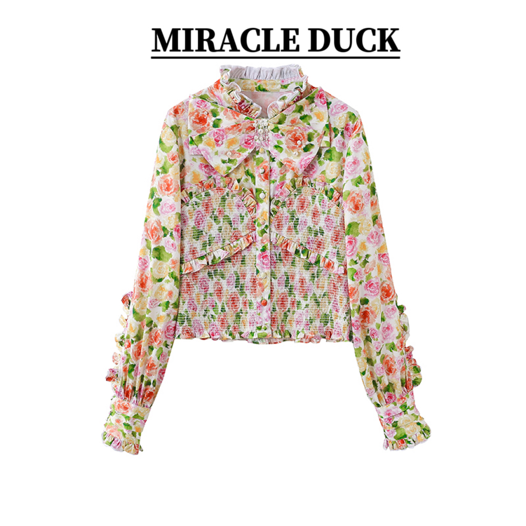 【柏林少女】设计感钉珠玫瑰印花立领打揽收腰长袖衬衫女士C1498