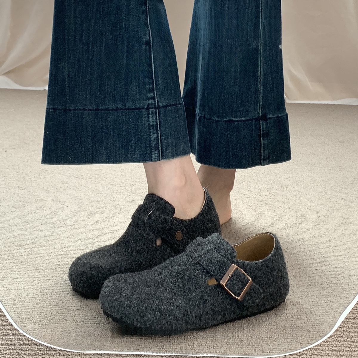 【毛呢版】内增高复古森系勃肯鞋女春秋厚底懒人鞋乐福鞋软底博肯鞋