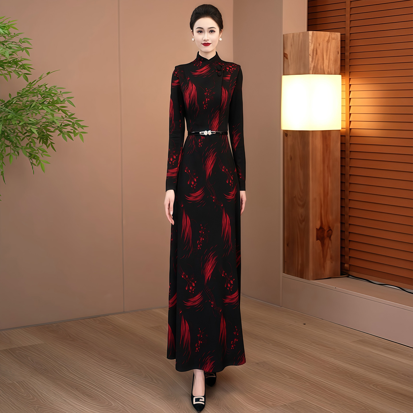 冬季黑红拼接加绒2025年新款轻奢高级感正式场合穿的保暖长裙131