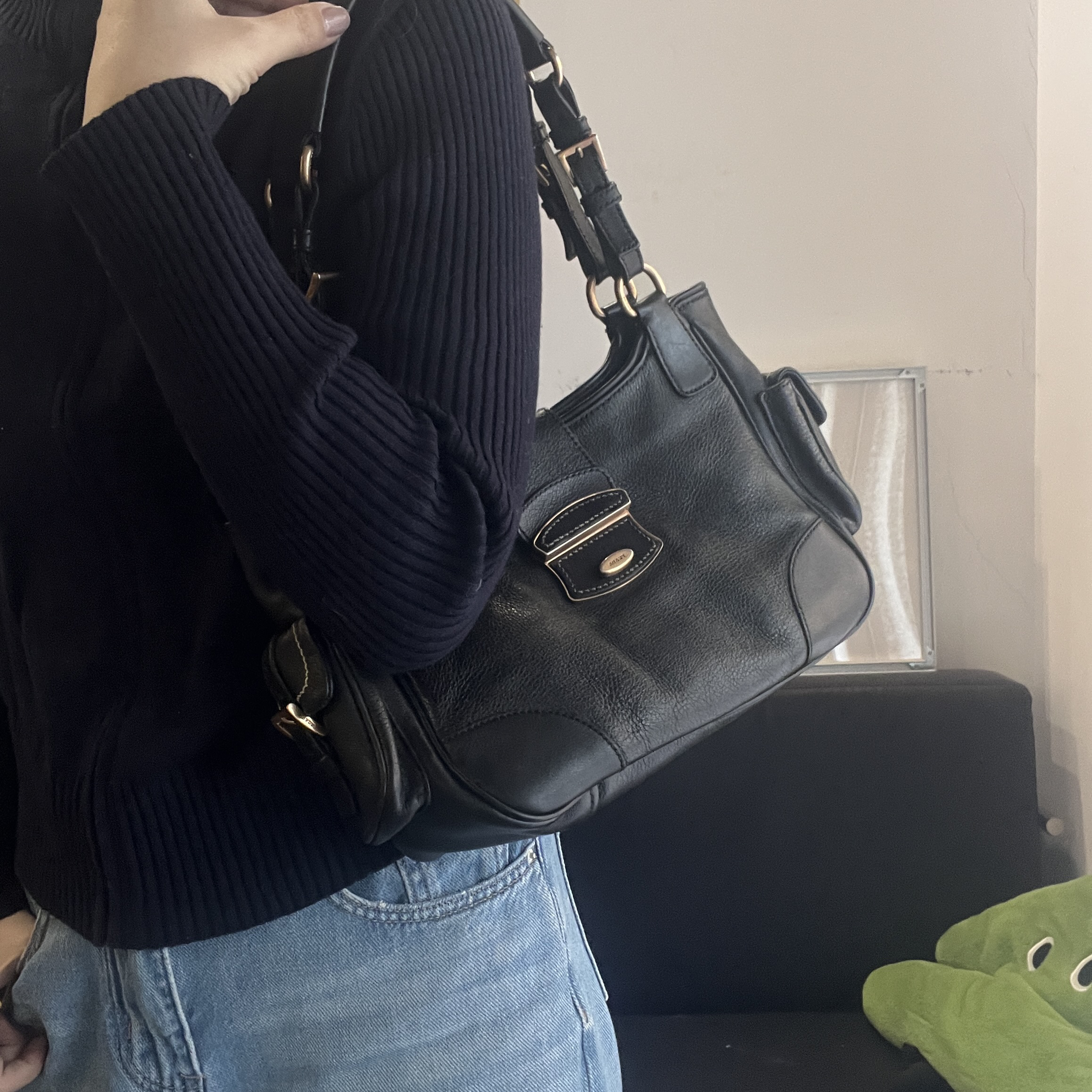 95新 Prada/普拉达 九 黑金机车单肩包