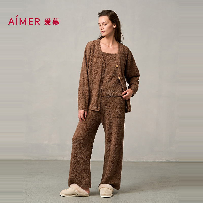 爱慕绵绵冬季女款琥珀流光睡衣秋冬开衫吊带家居服三件套AM46A452