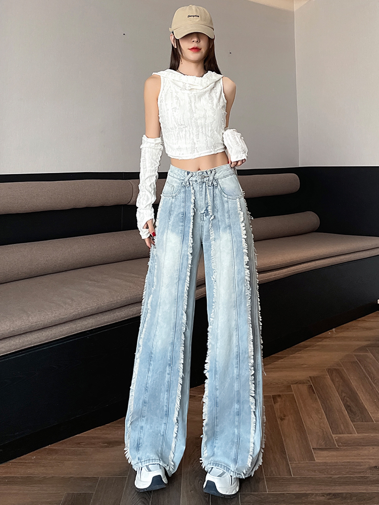 个性流苏美式复古做旧嘻哈毛边小众时尚女春夏秋季宽松阔腿牛仔裤