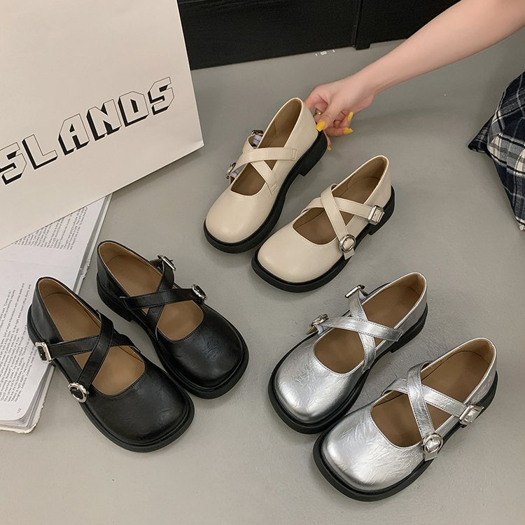 2024春新款 英伦风交叉带百搭透气女单鞋