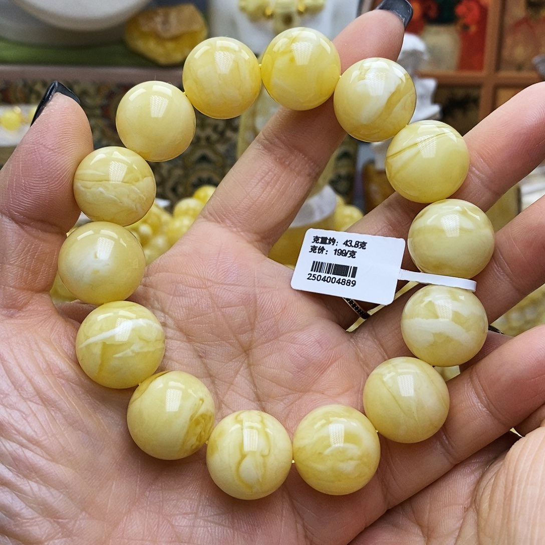 琥珀未镶嵌手链浓白蜡妖花毕业级圆珠单圈