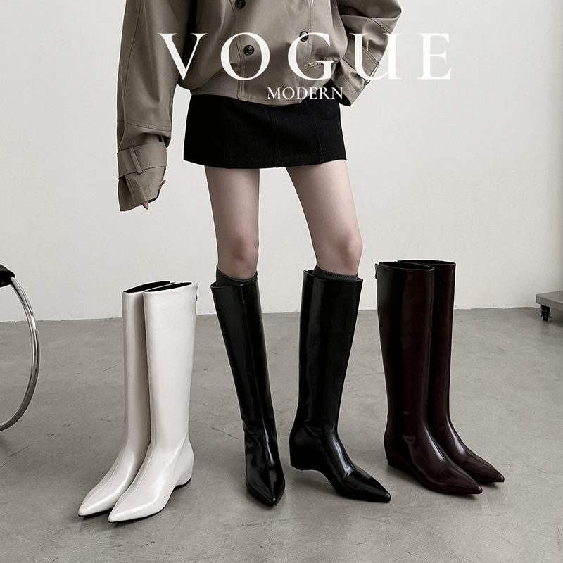 跟高5CM~粗腿大筒显瘦尖头长靴不过膝尖头后拉链简约日常内增高女