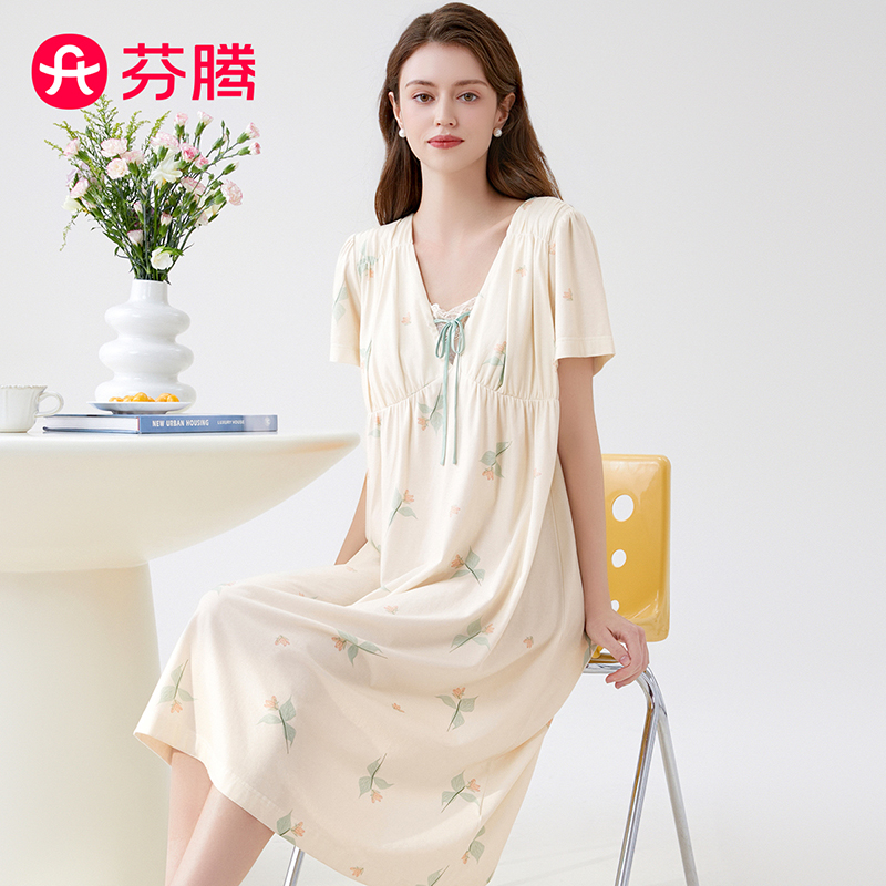 芬腾【100%纯棉】夏季蕾丝V领碎花中长裙短袖家居服女显瘦睡裙睡衣
