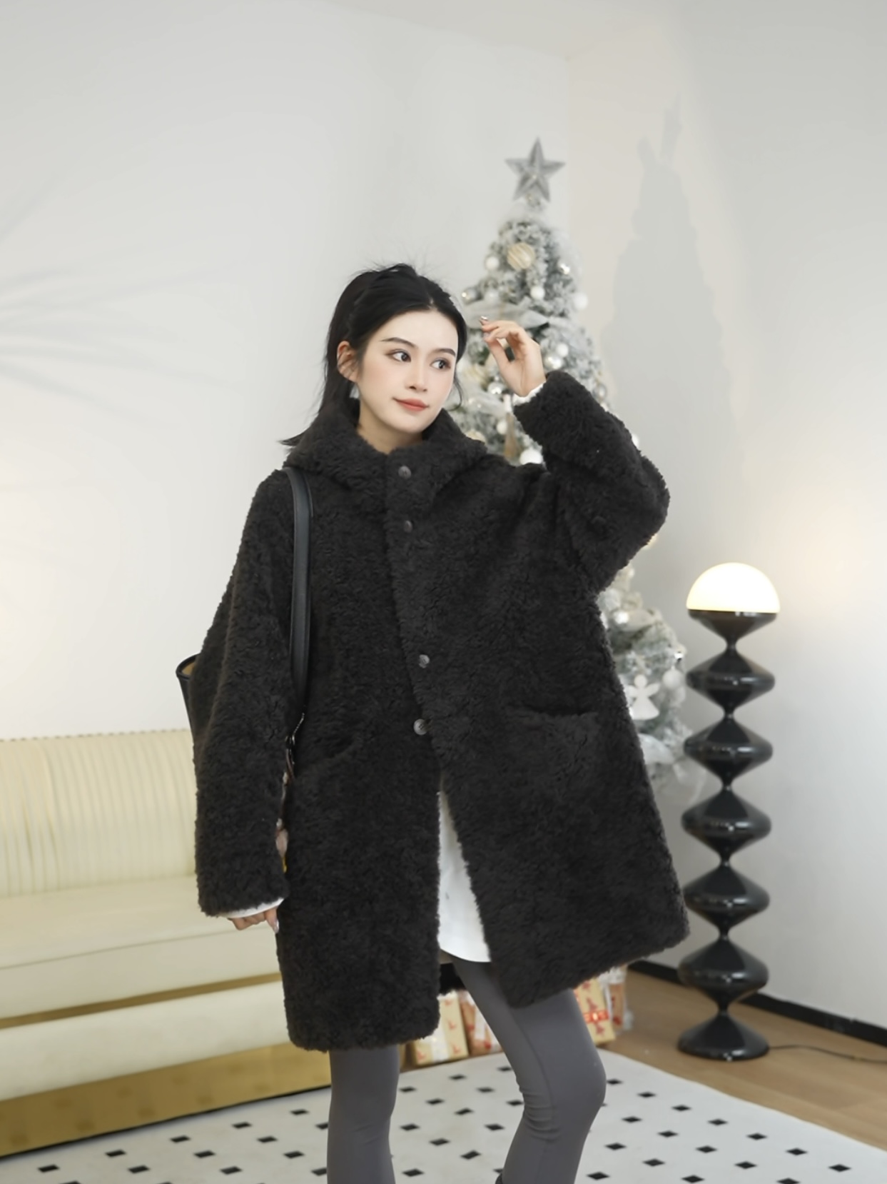 【赫柏服饰】【冬季盛宴】100绵羊毛冬季新款时尚中长款保暖连帽外套