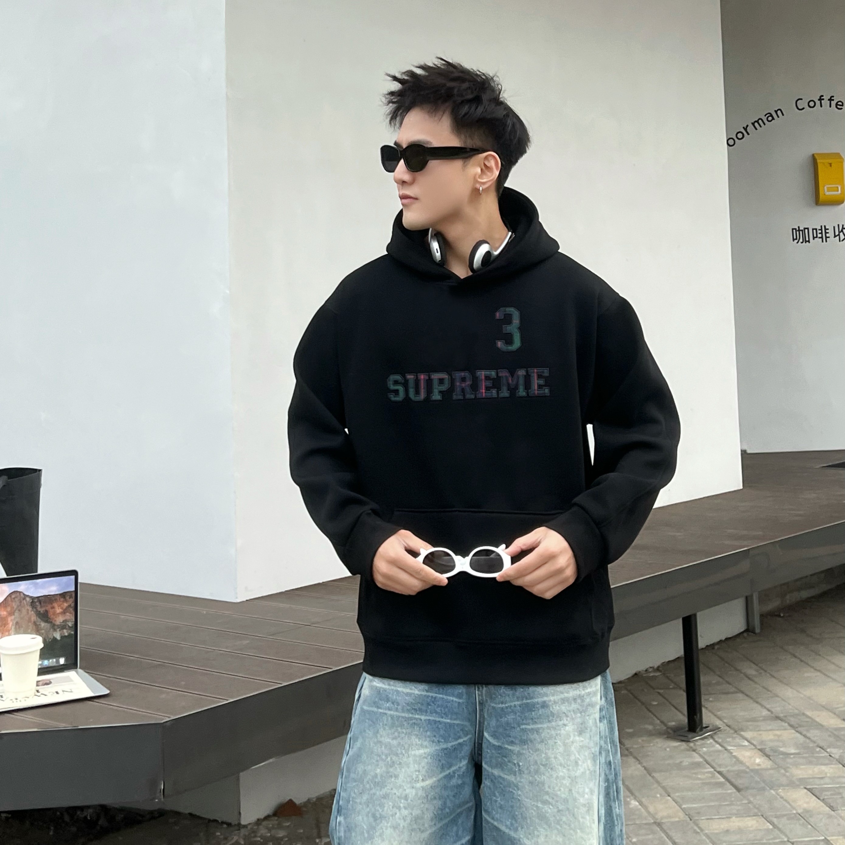 连帽加绒卫衣男女同款字母LOGO加绒宽松长袖高街潮流上衣9901#