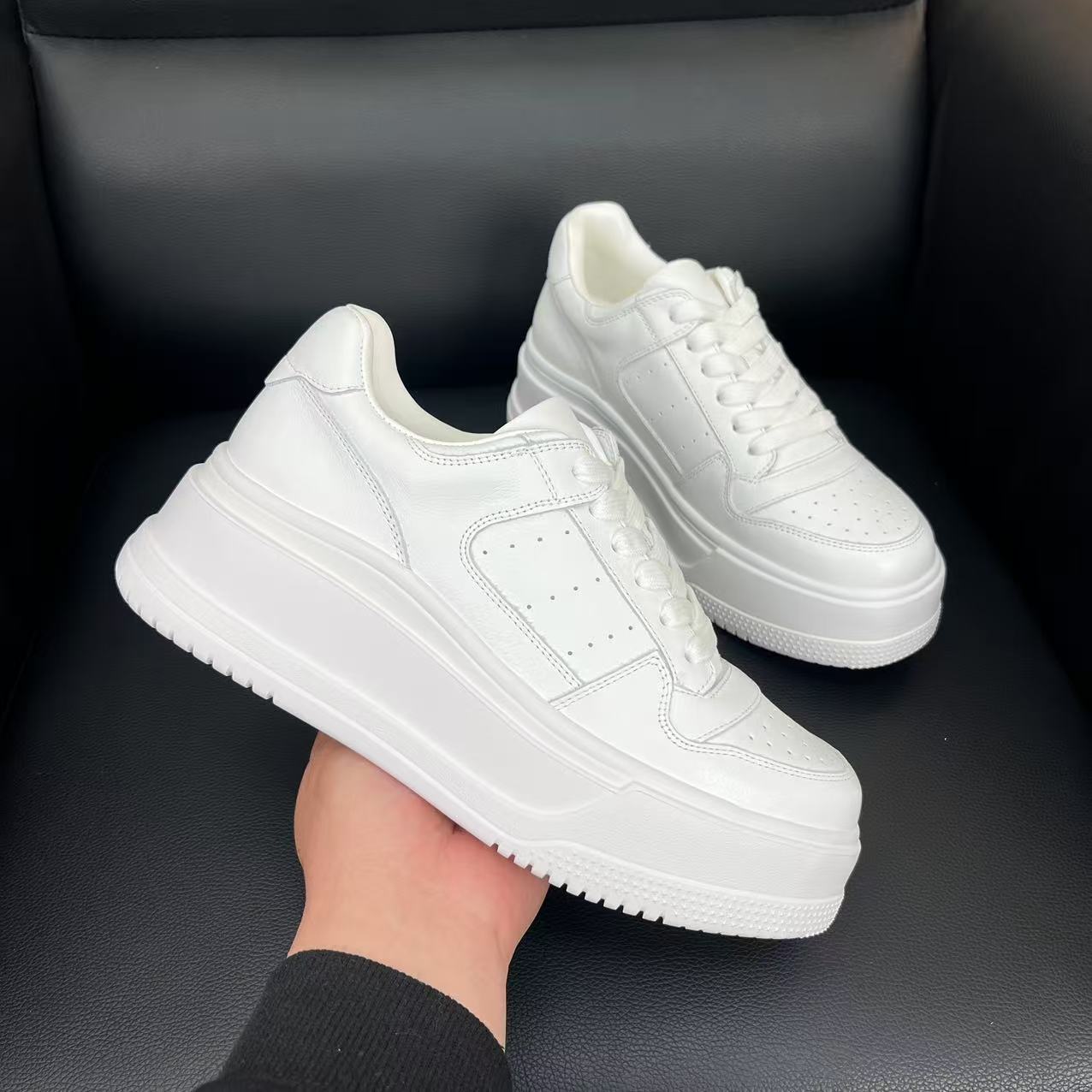 小白鞋女2025新款全真皮厚底女鞋系带圆头松糕休闲鞋板鞋增高鞋