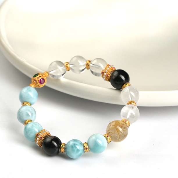 壹加田田｜手工 金水 白幽灵海纹石水晶多宝手串多样性发一6658H