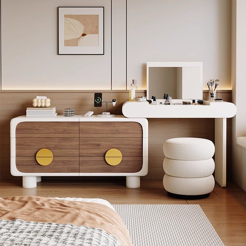 熊猫梳妆台斗柜一体卧室现代简约奶油复古风小户型小型翻盖化妆桌