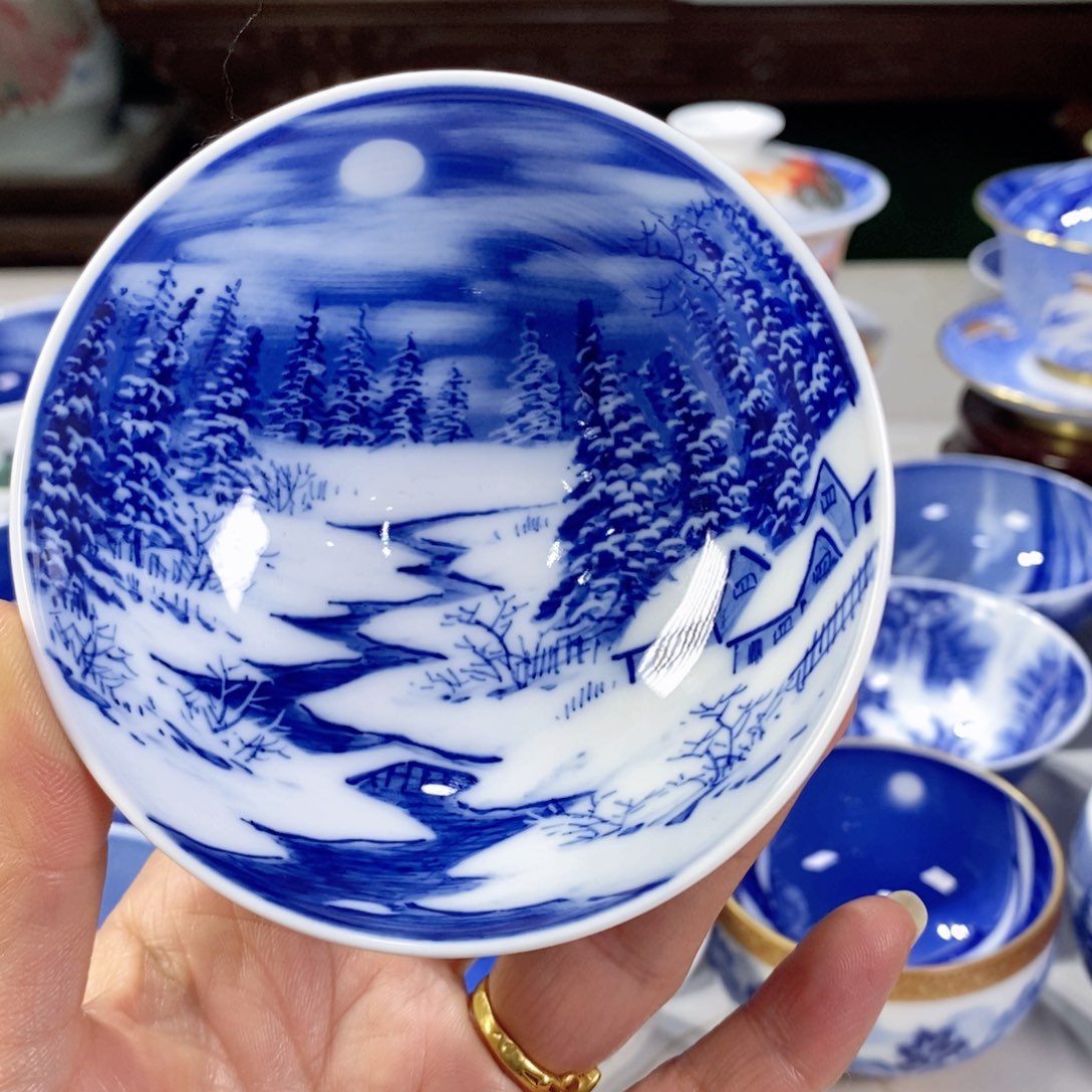 瓷片青花雪景主人杯杯