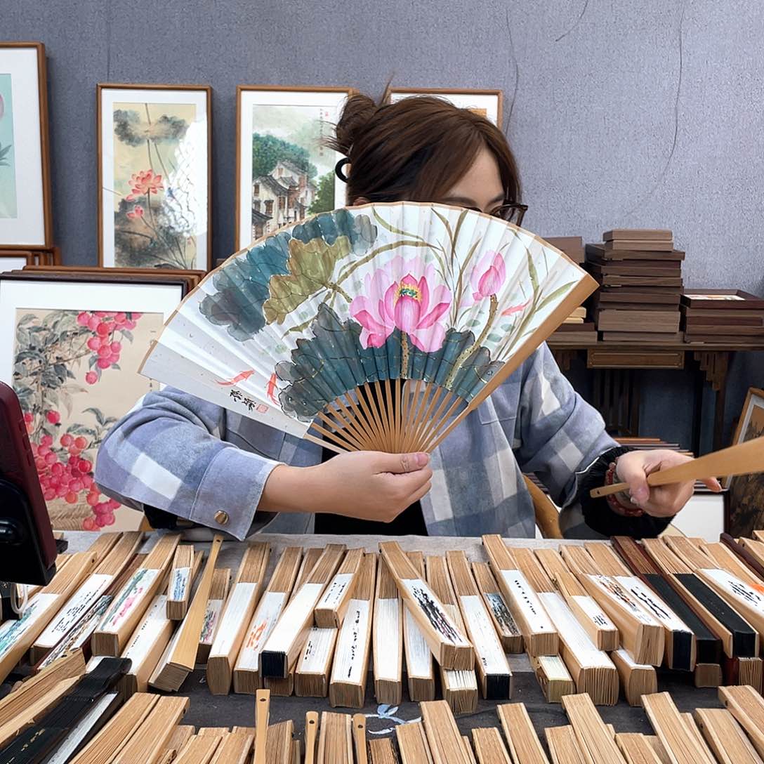 国画95寸玉竹-纯手绘-文玩扇骨（默认粘好）