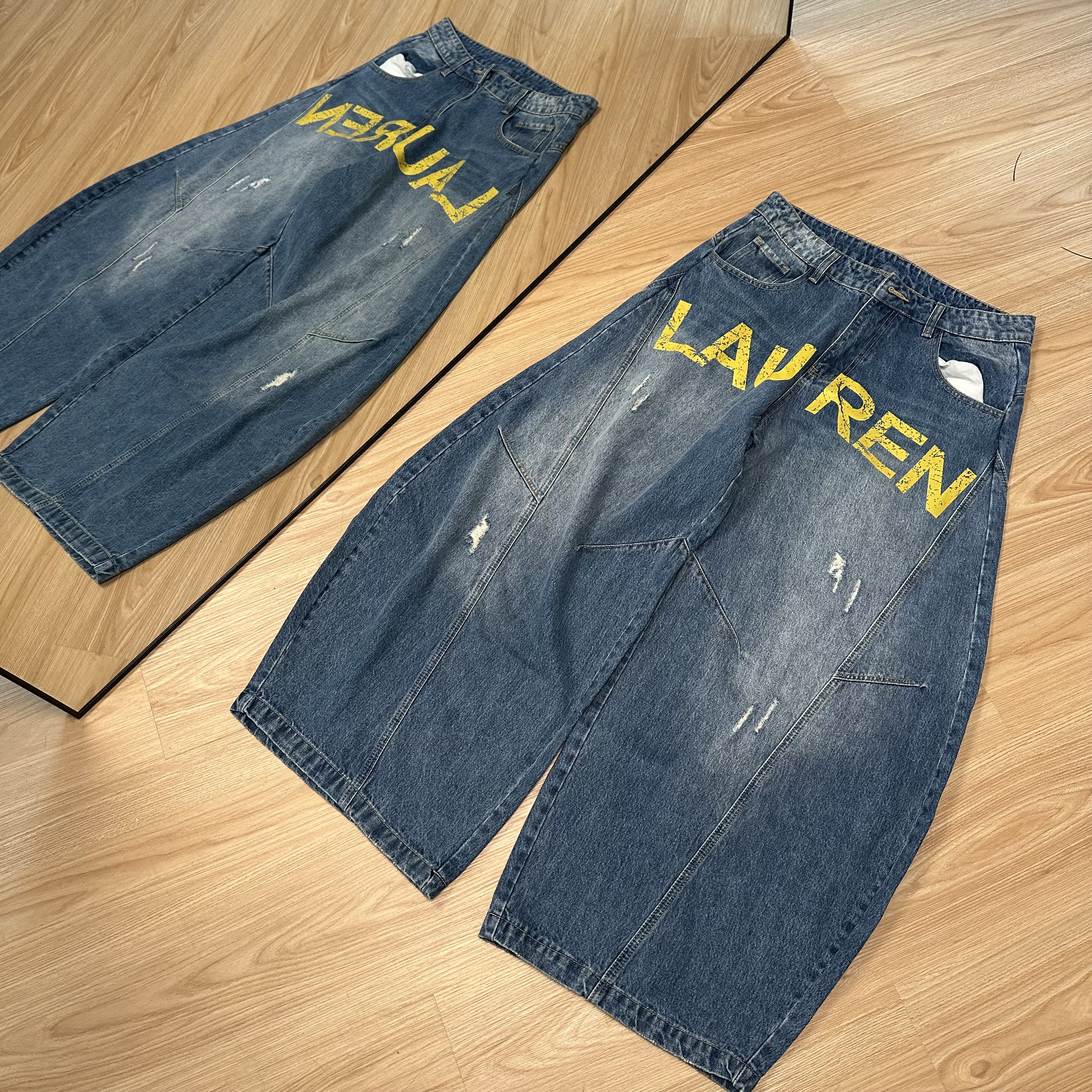 破洞牛仔裤时尚宽松蓝色百搭做旧潮流baggy版型弯刀牛仔裤