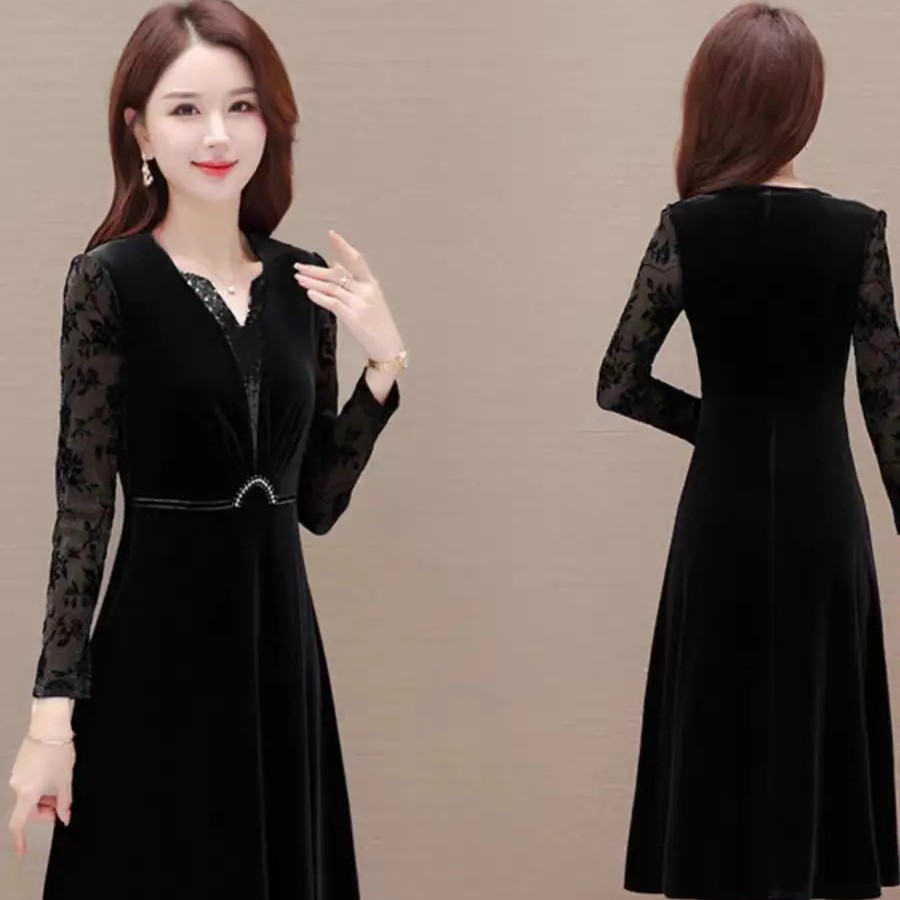 H903 秋装新款金丝绒连衣裙过膝压花洋气春秋高贵洋气裙子