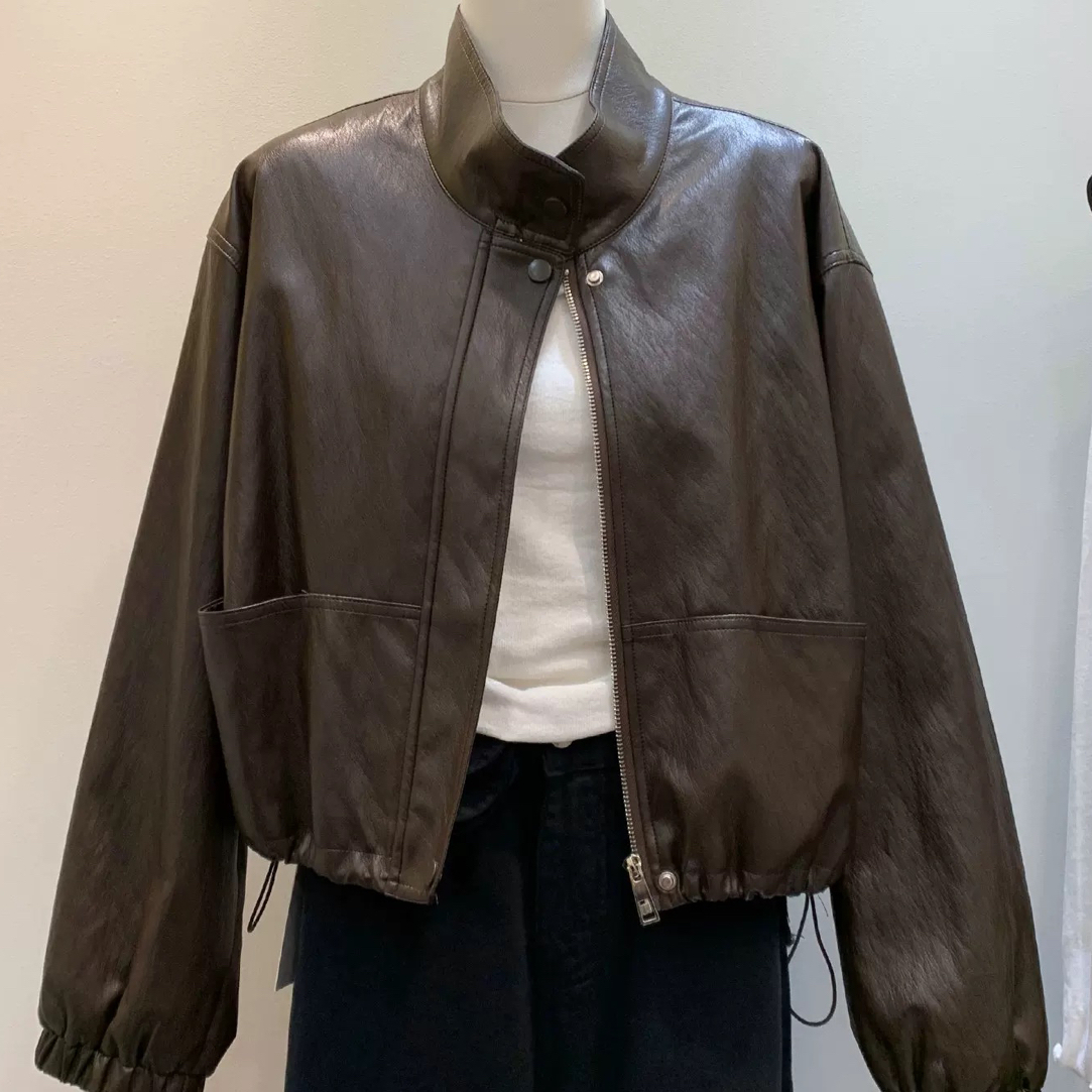 高级感复古立领咖色皮衣夹克外套女甜酷风抽绳收腰皮机车服外套