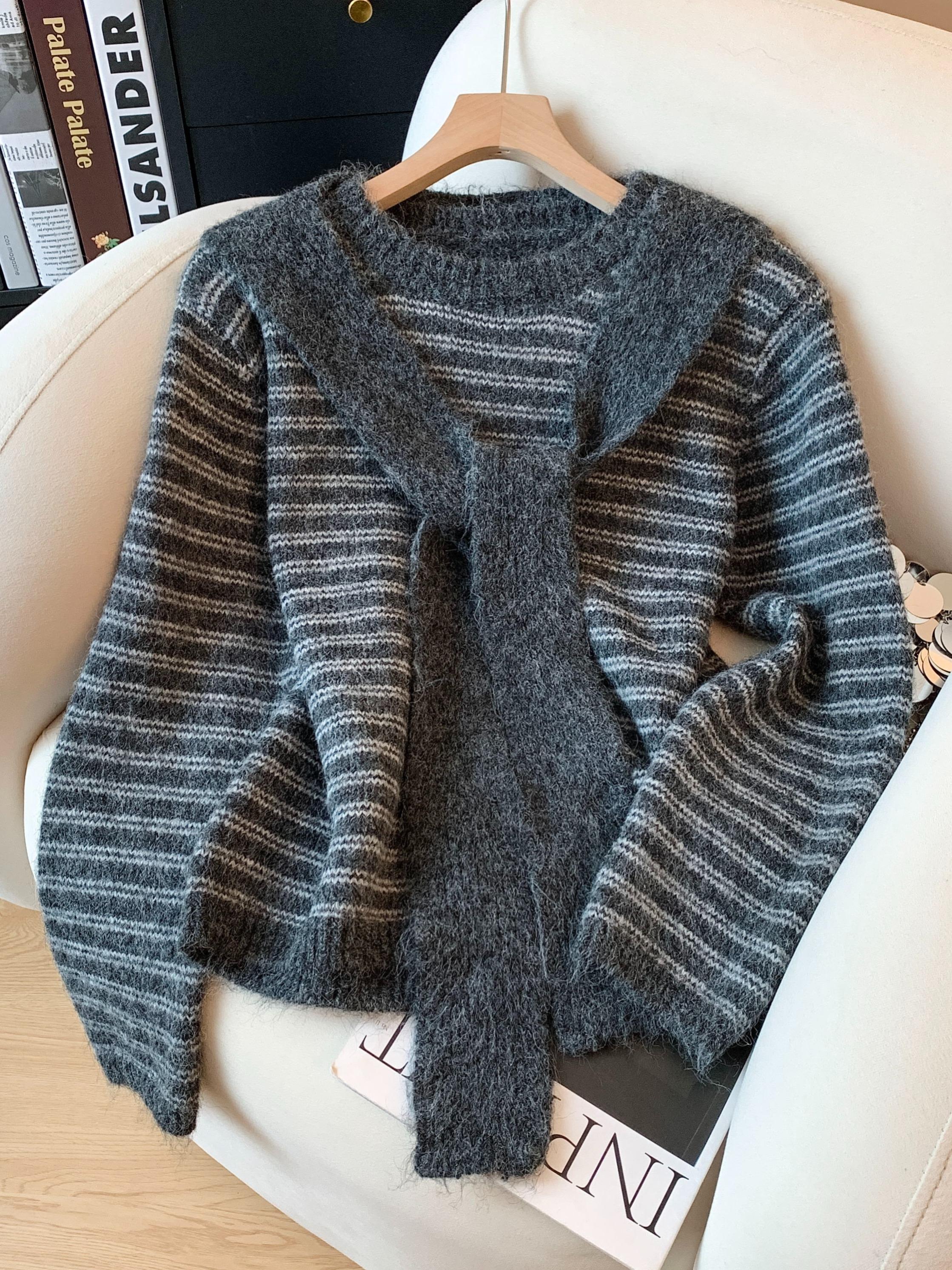 学院风条纹披肩软糯针织毛衣女秋冬穿搭洋气宽松别致针织衫上衣潮