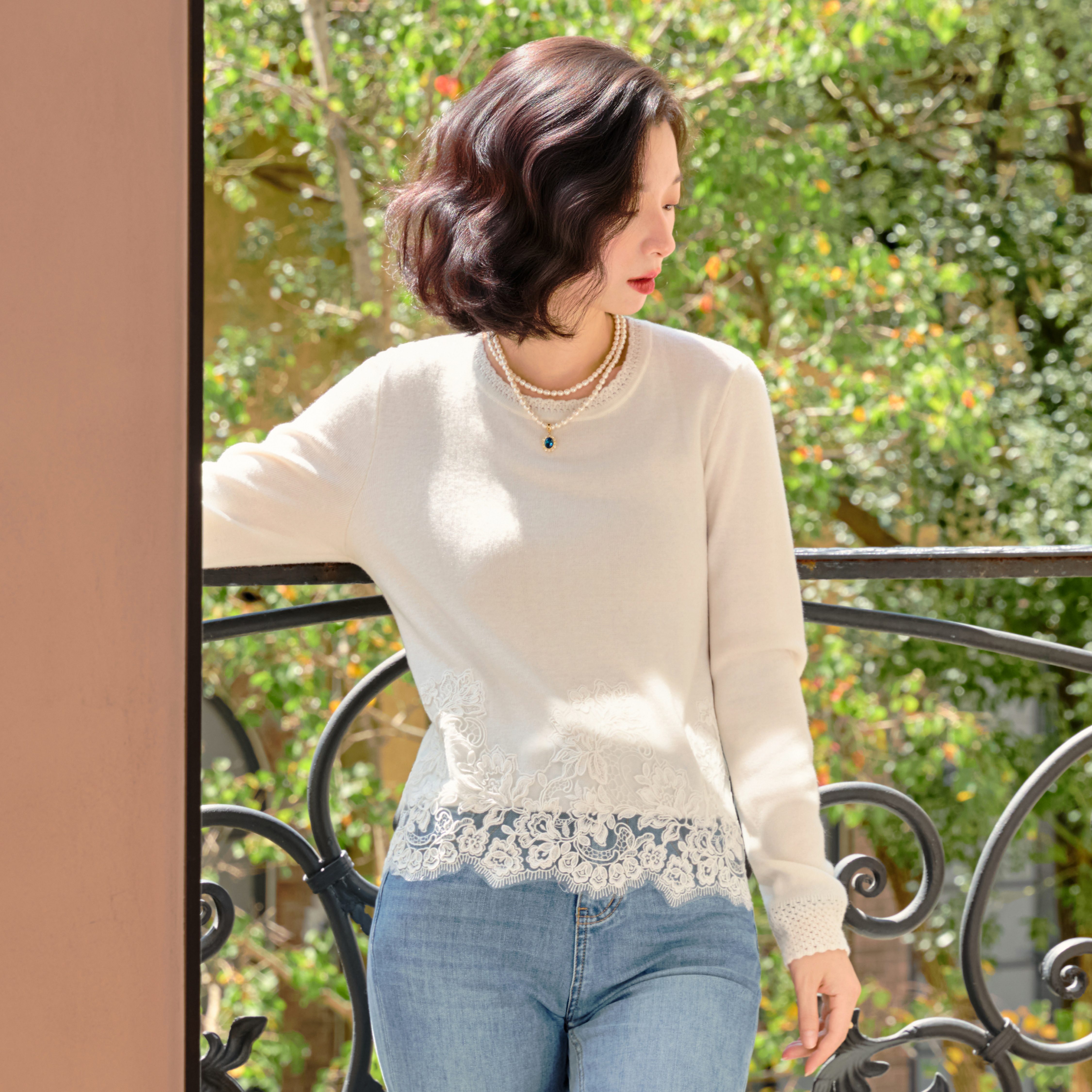 西子/【冬日恋人】桑蚕丝羊毛莱赛尔拼接重工蕾丝针织衫/MSYF0239