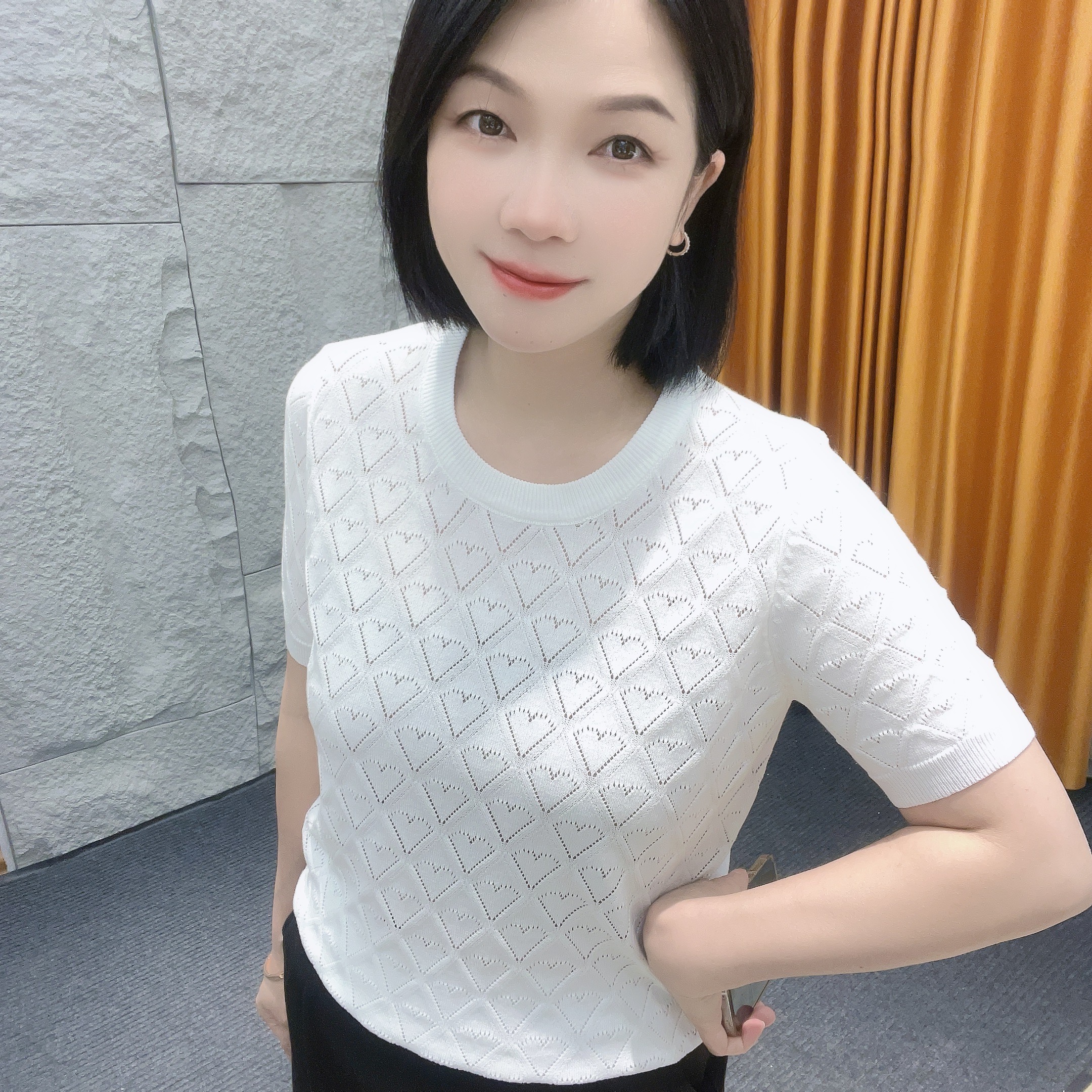 5044微胖夏季薄款短袖【大米家专属】纯色钩花镂空上衣爱心设计减龄