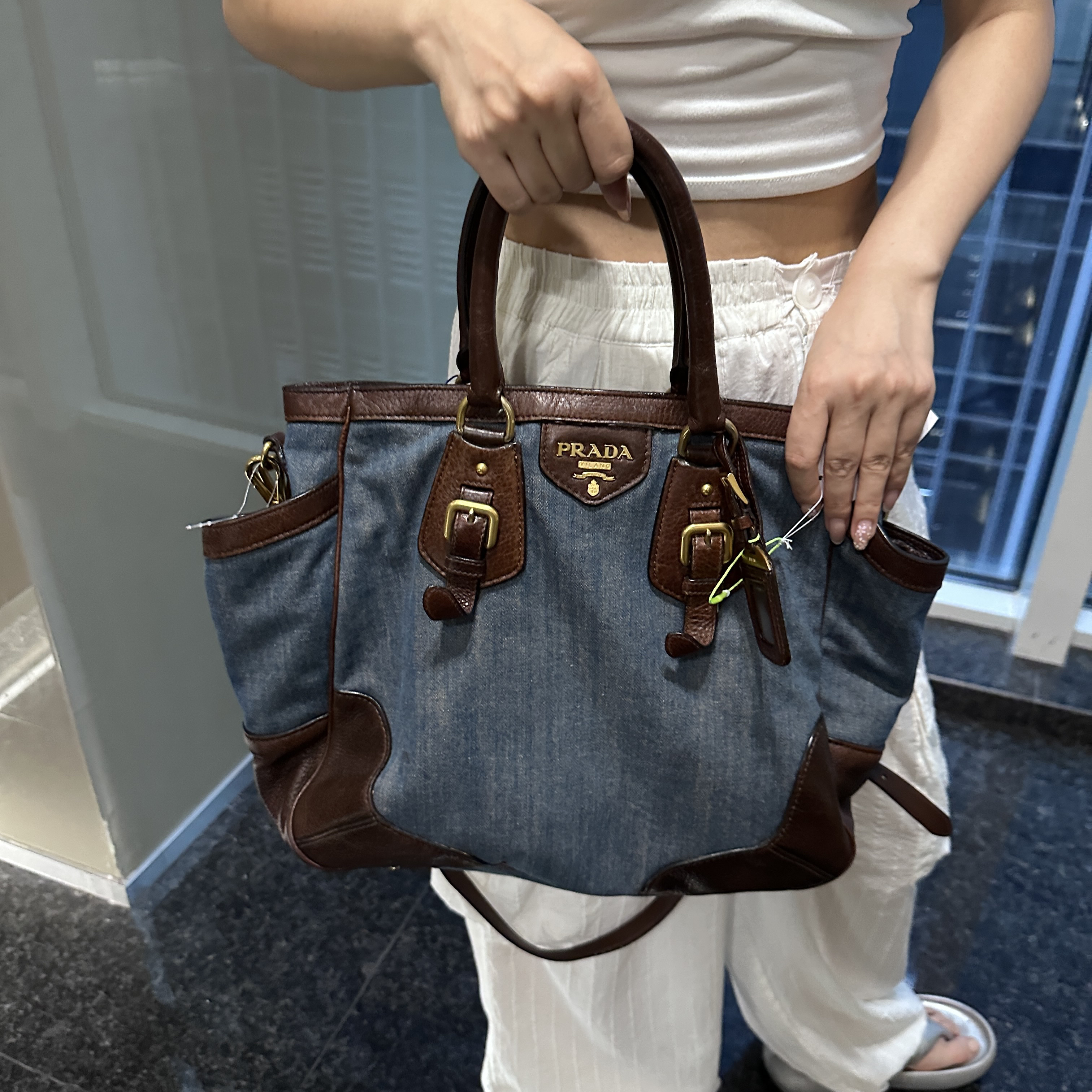 95新 Prada/普拉达 经典牛仔拼皮托特斜挎包