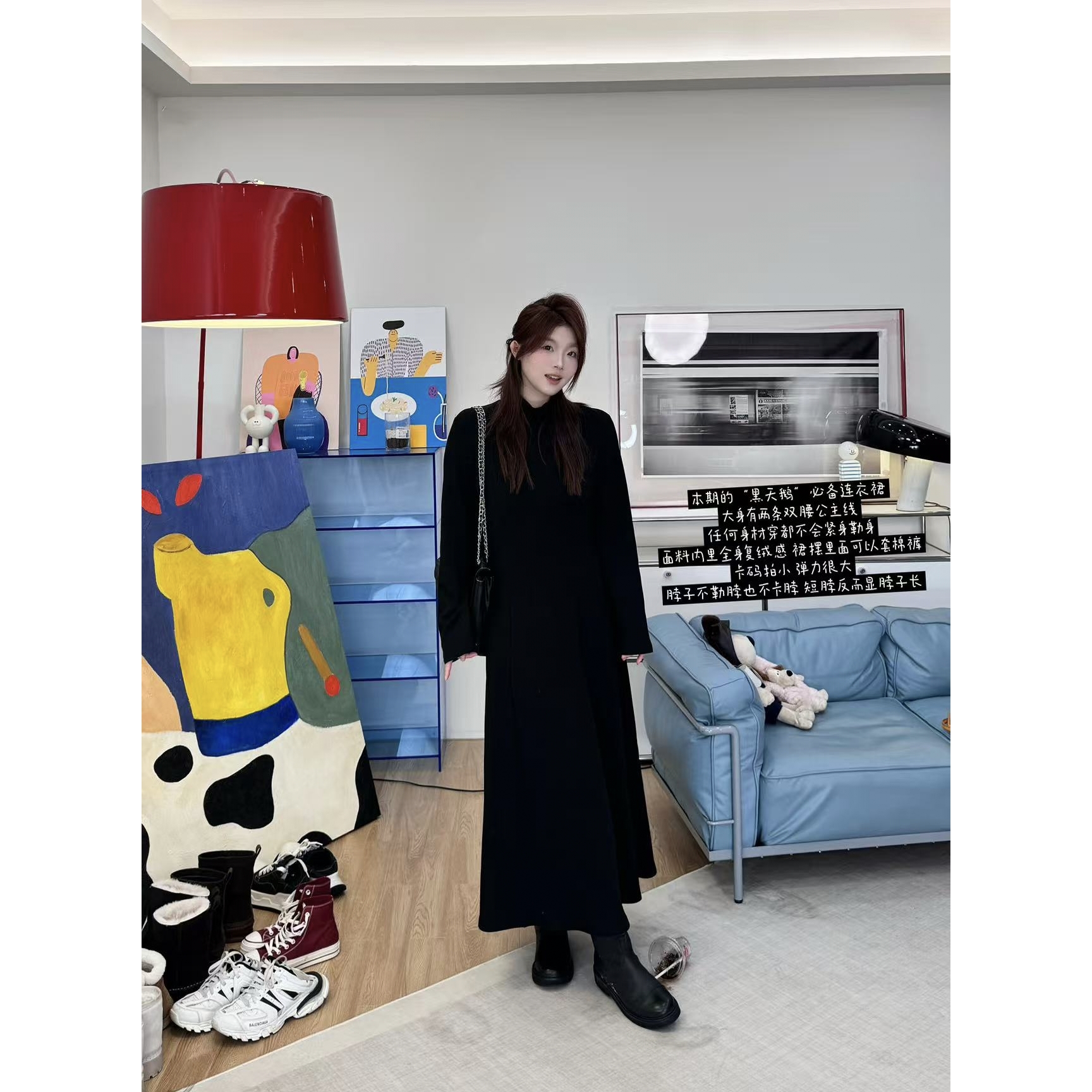 晶咕【黑天鹅！】冬季高领别致分割线收腰A字大裙摆长短连衣裙