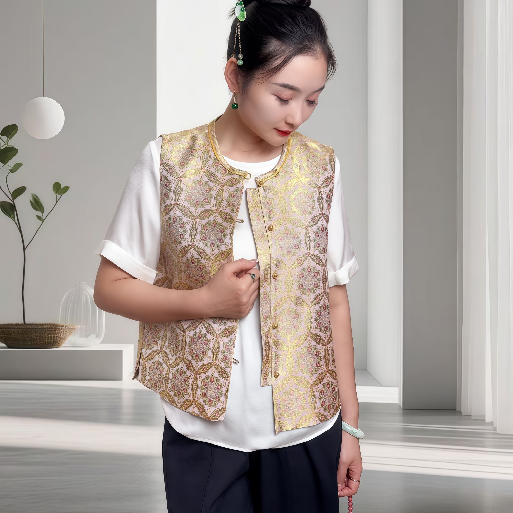 真丝宋锦马甲新中式2025秋季新款高端国风年轻款敦煌宝相花上衣