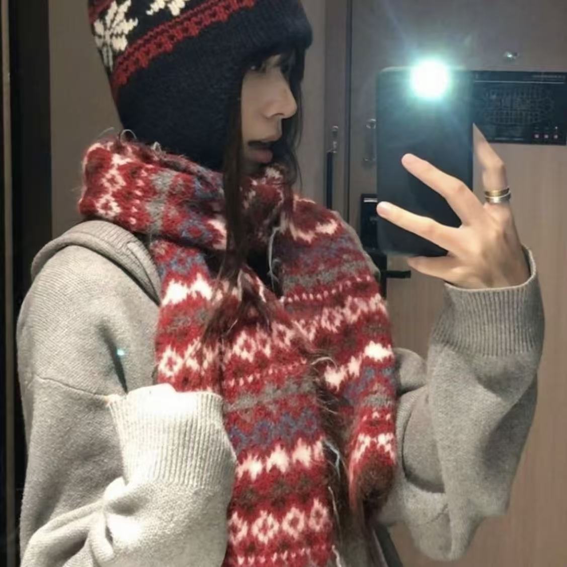 2025新款费尔岛围巾秋冬加厚复古提花围脖流苏针织毛线氛围感围巾