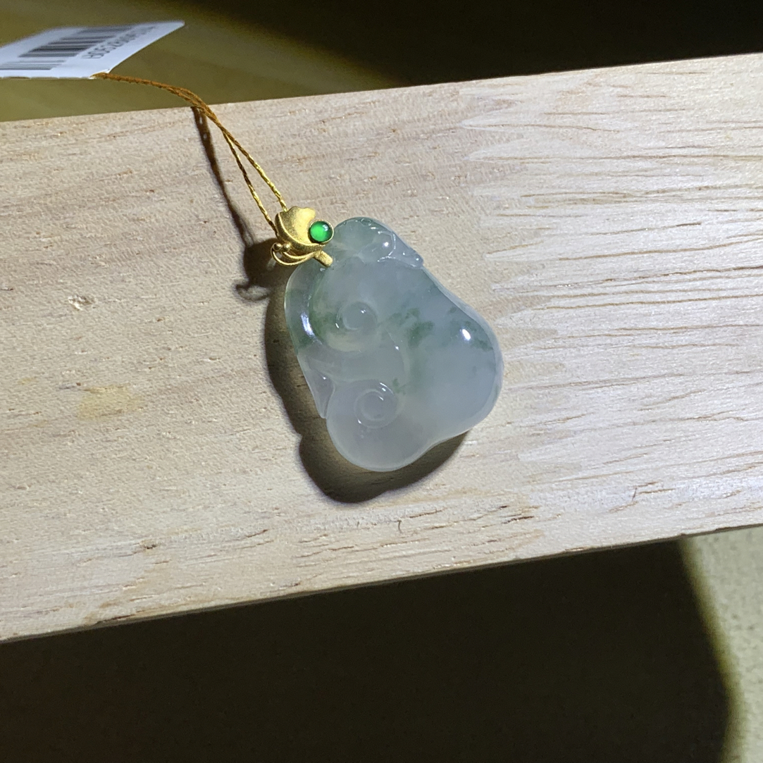 天然缅甸翡翠A货 18k金镶嵌冰胶飘花厚装如意 23.9×16.8×7.5